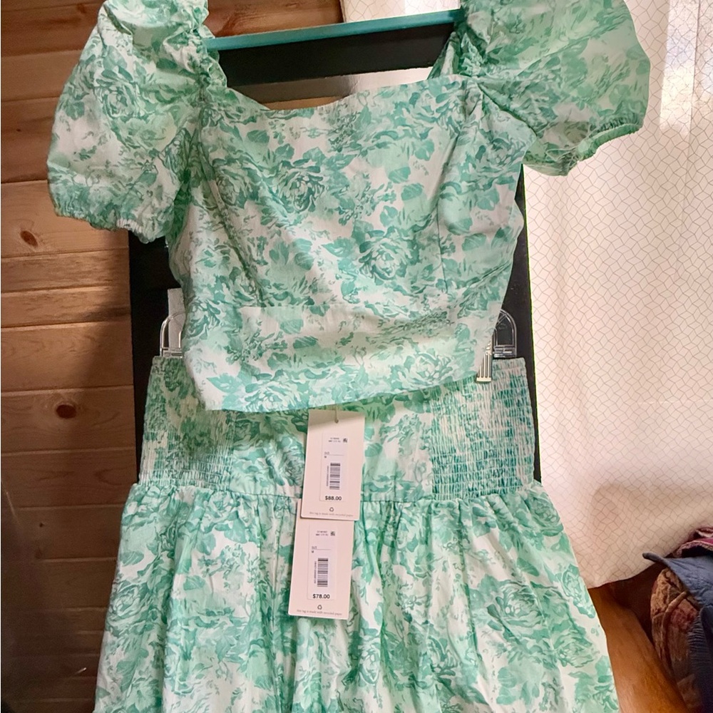 Shabby Chic Green and White Puff Sleeve Top and Skirt Set